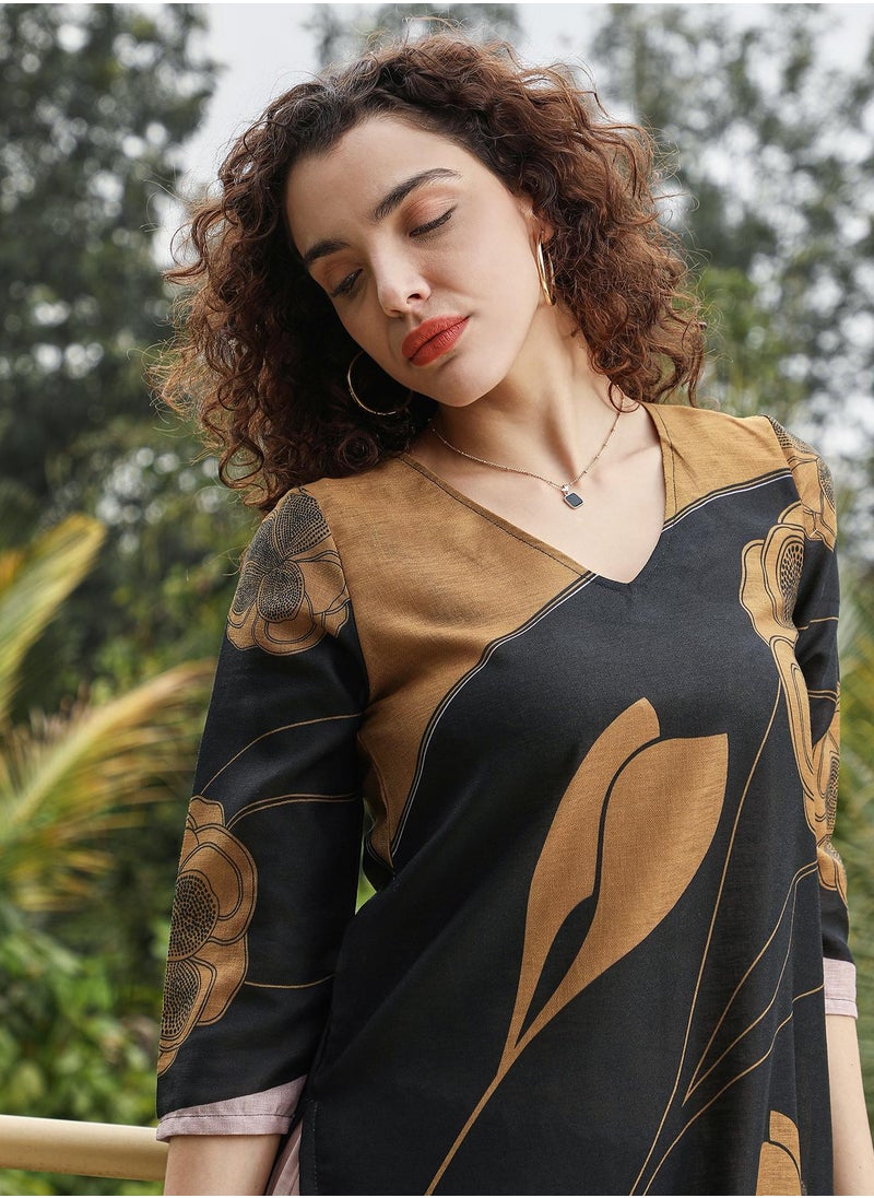 Women's Onyx Black & Ivory Beige Contrast Sprig Kurta Set
