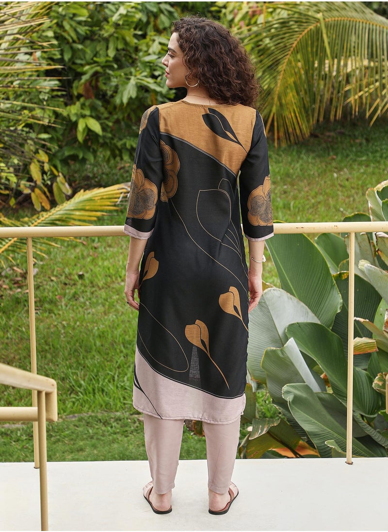 Women's Onyx Black & Ivory Beige Contrast Sprig Kurta Set