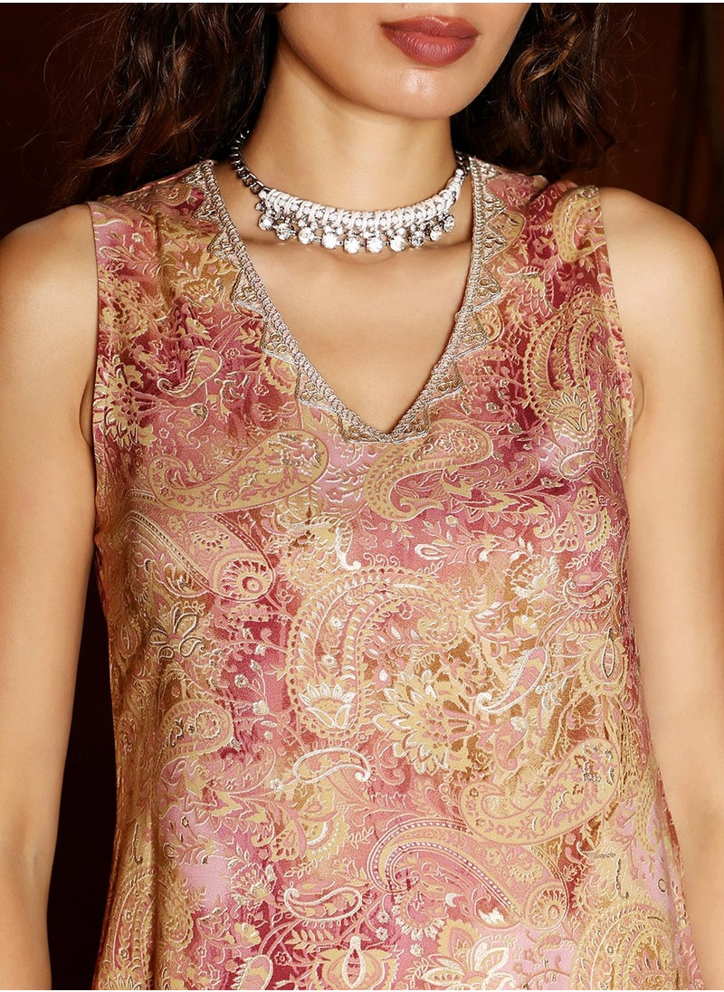 Women's Rose Pink & Sand Beige Rustic Tassel Kurta Set