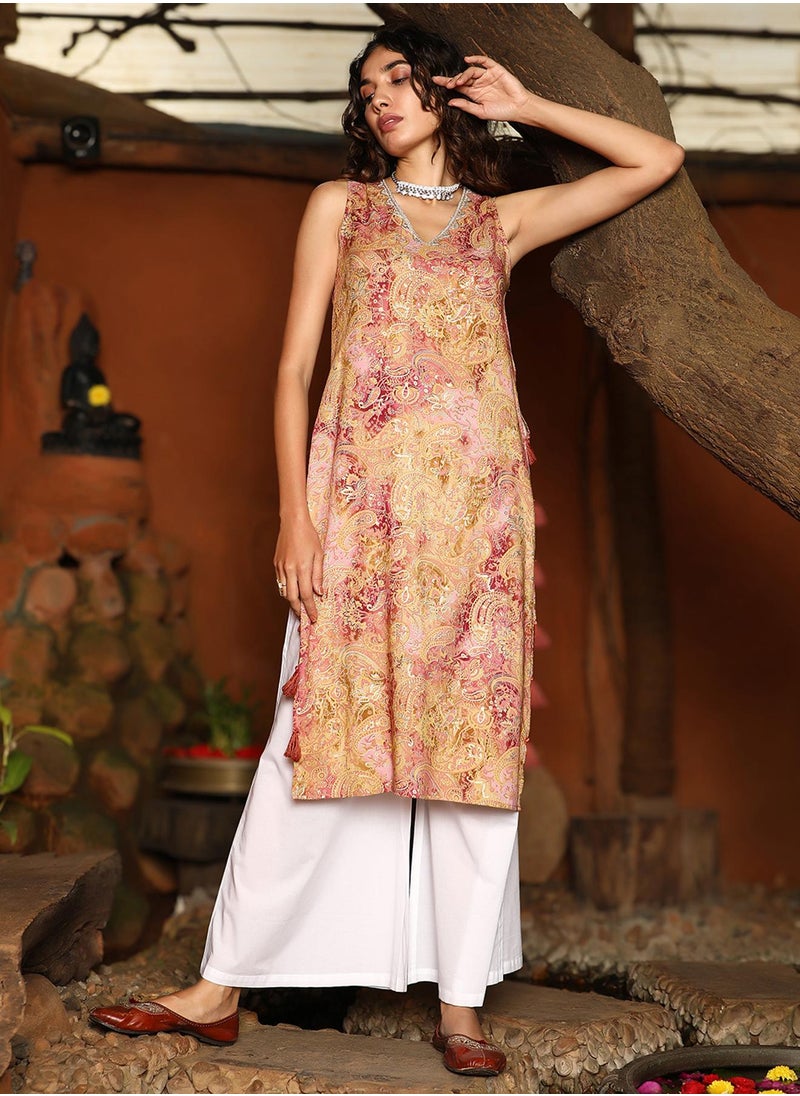 Women's Rose Pink & Sand Beige Rustic Tassel Kurta Set