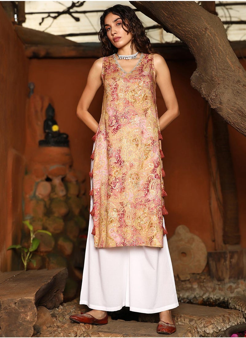 Women's Rose Pink & Sand Beige Rustic Tassel Kurta Set