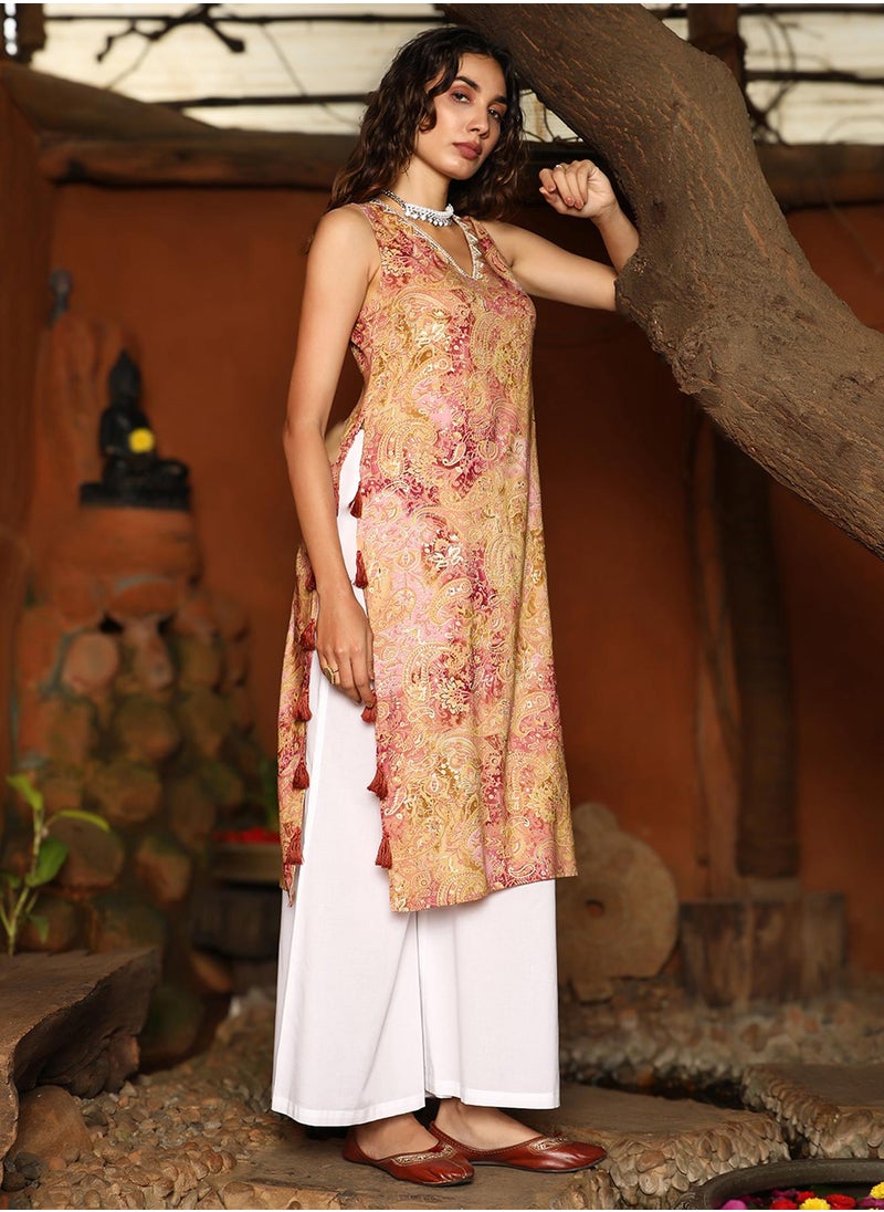 Women's Rose Pink & Sand Beige Rustic Tassel Kurta Set