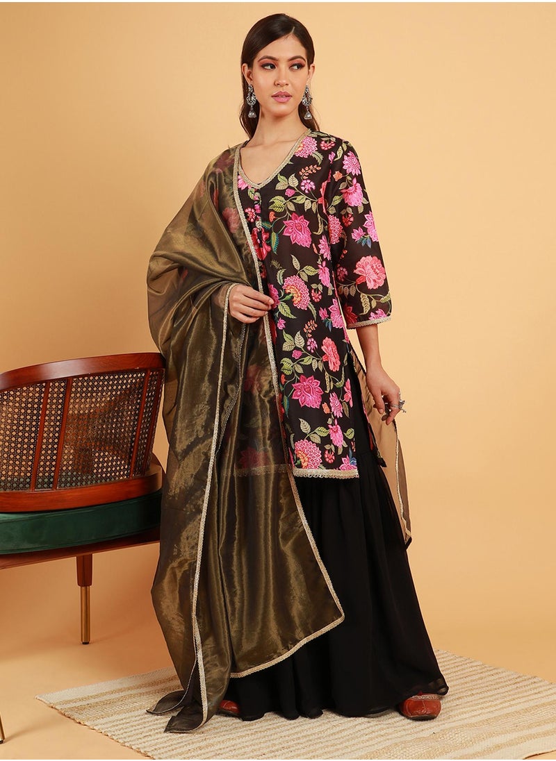 Women's Midnight Black Botanical Cluster Kurti With Sharara & Dupatta