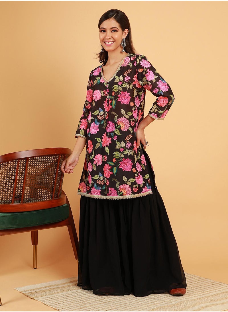 Women's Midnight Black Botanical Cluster Kurti With Sharara & Dupatta