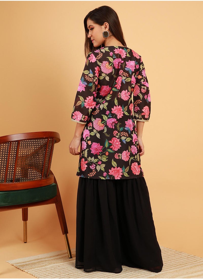 Women's Midnight Black Botanical Cluster Kurti With Sharara & Dupatta