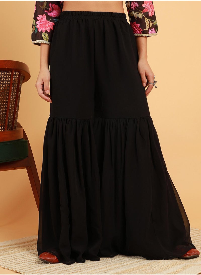 Women's Midnight Black Botanical Cluster Kurti With Sharara & Dupatta