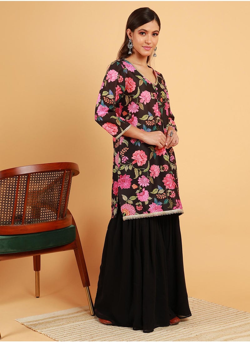 Women's Midnight Black Botanical Cluster Kurti With Sharara & Dupatta