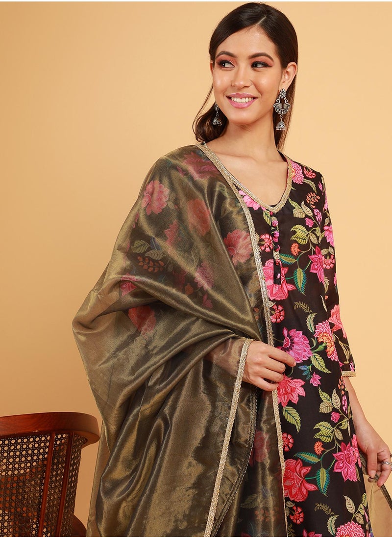 Women's Midnight Black Botanical Cluster Kurti With Sharara & Dupatta
