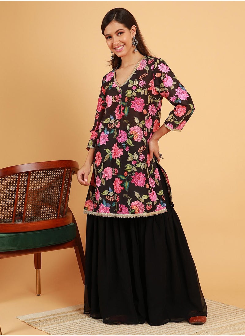 Women's Midnight Black Botanical Cluster Kurti With Sharara & Dupatta