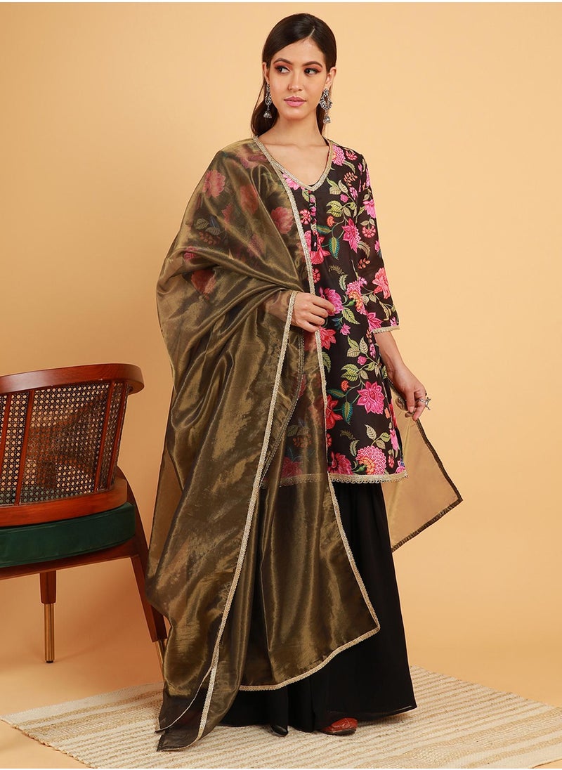 Women's Midnight Black Botanical Cluster Kurti With Sharara & Dupatta