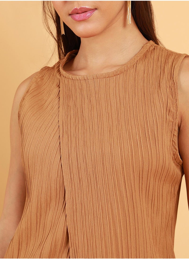 Women's Camel Beige Textured Wrap Kurta With Trousers