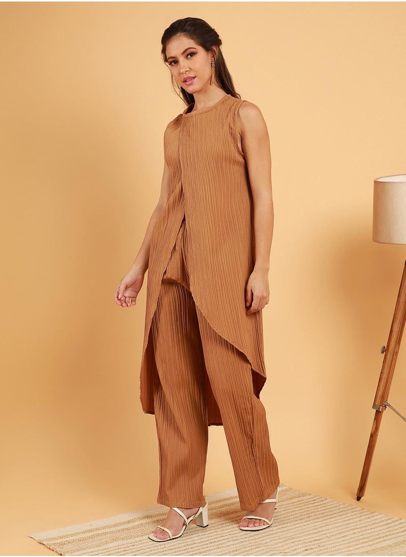 Women's Camel Beige Textured Wrap Kurta With Trousers