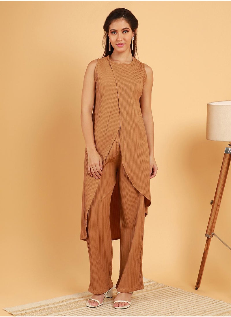 Women's Camel Beige Textured Wrap Kurta With Trousers