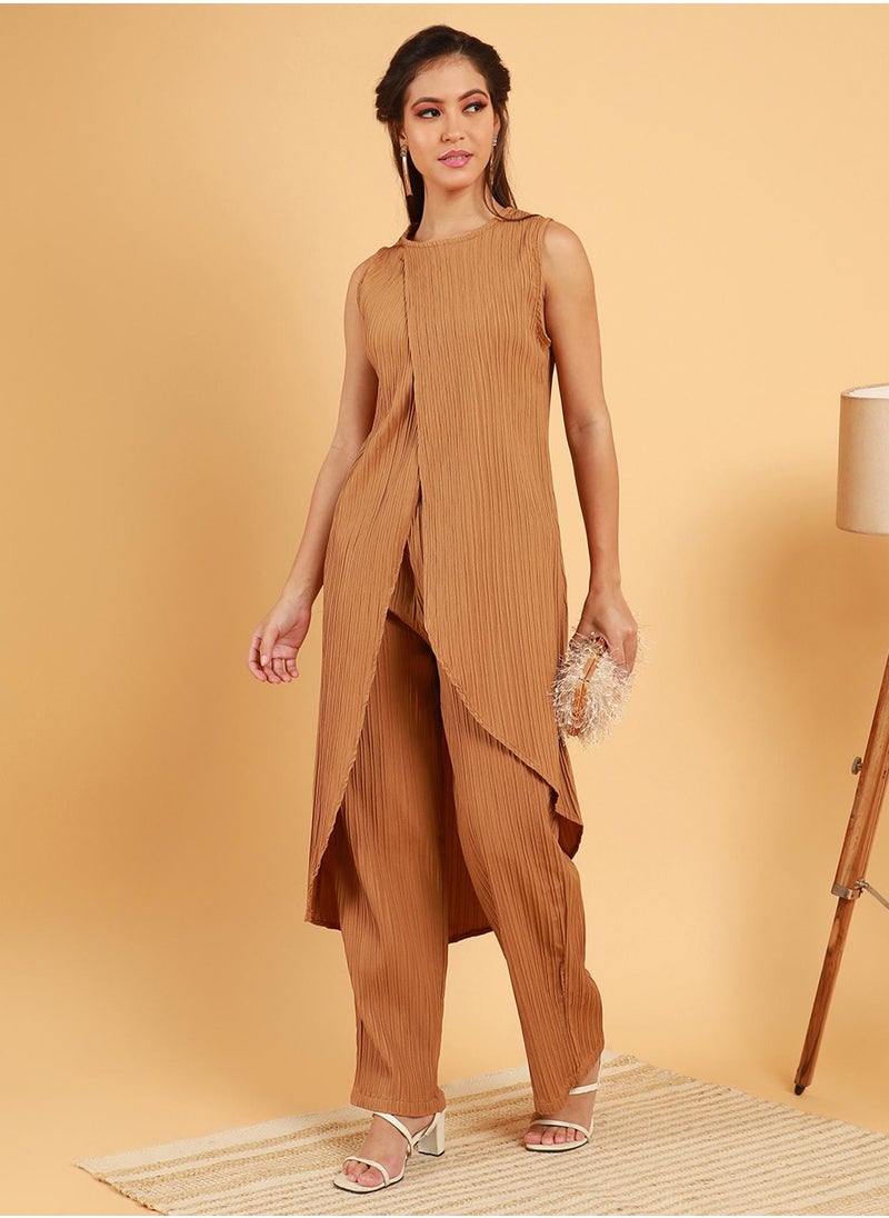 Women's Camel Beige Textured Wrap Kurta With Trousers