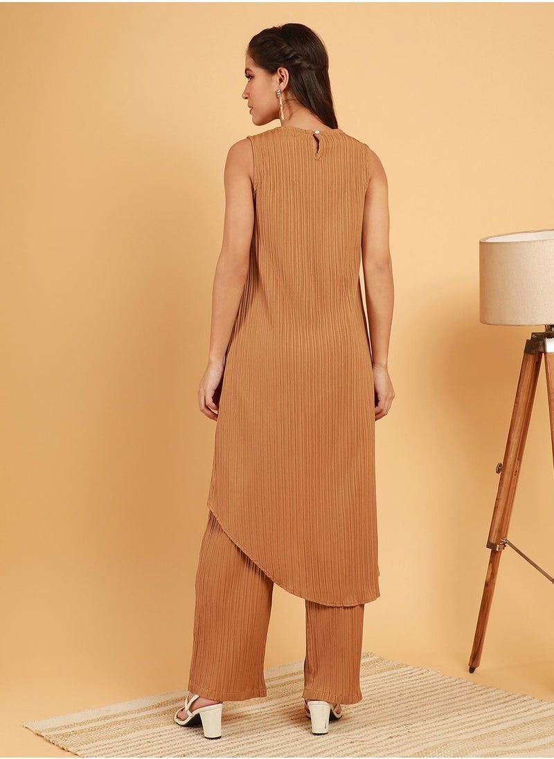 Women's Camel Beige Textured Wrap Kurta With Trousers