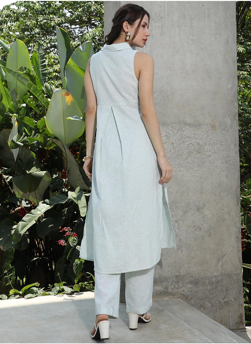 Women's Kelly Green & Cream White Pinstriped Kurta Set