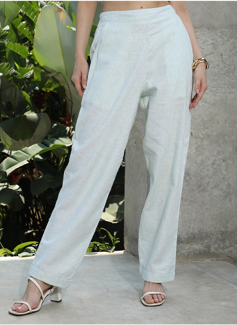 Women's Kelly Green & Cream White Pinstriped Kurta Set