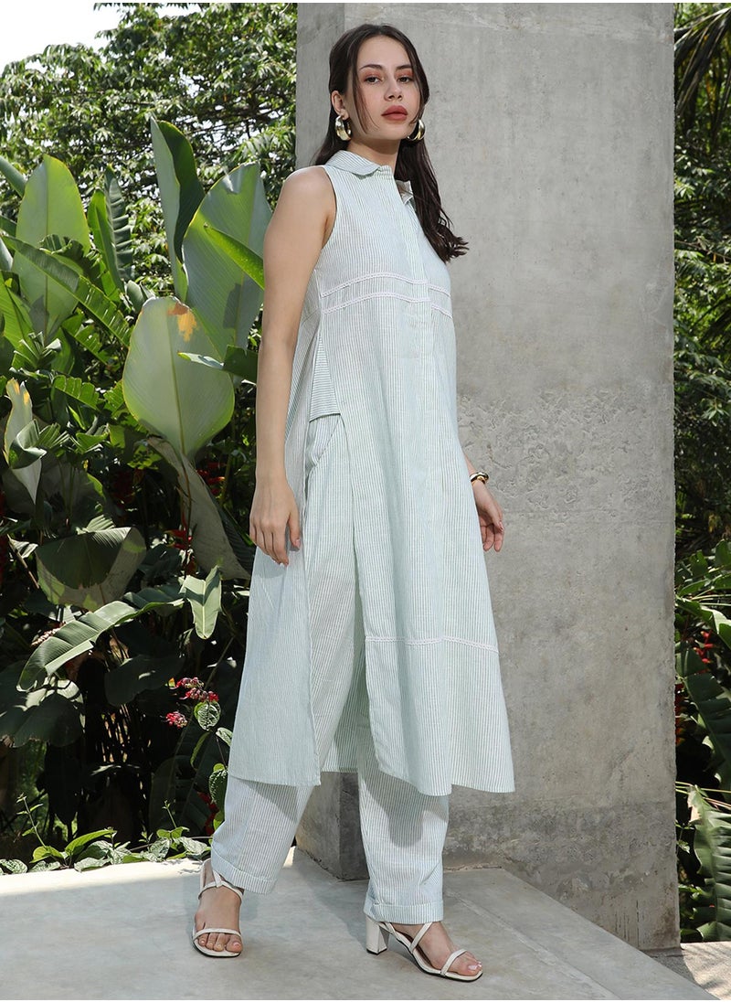 Women's Kelly Green & Cream White Pinstriped Kurta Set