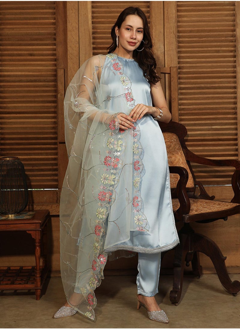 Women's Powder Blue Blush Bloom Kurta Set