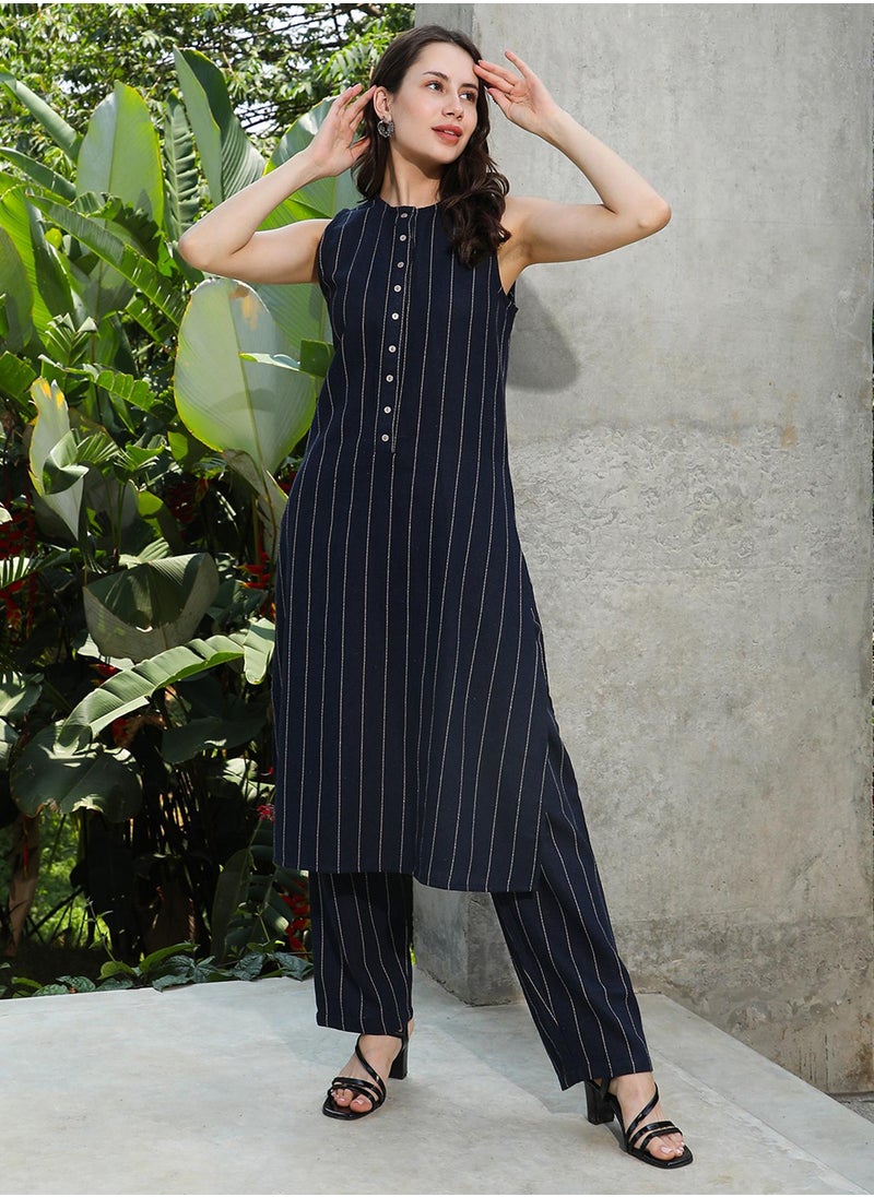 Women's Navy Blue Simplicity Striped Kurta Set
