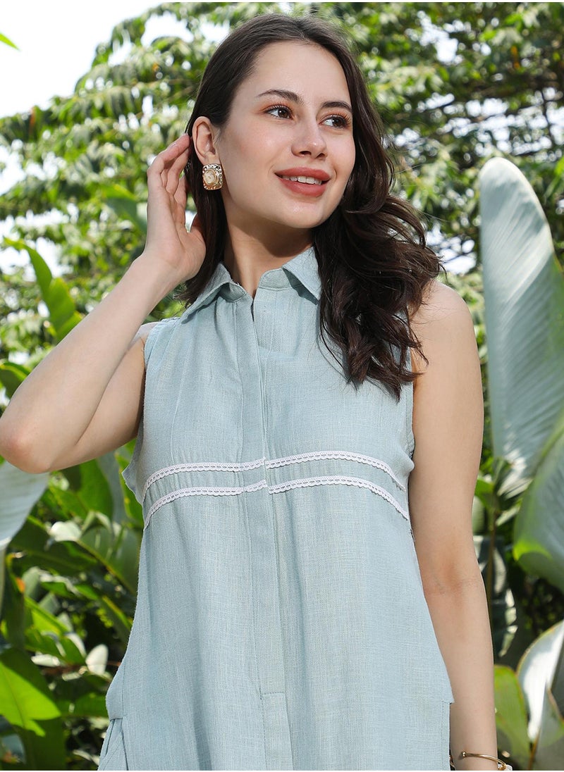 Women's Powder Blue Lined Linen-Blend Kurta Set