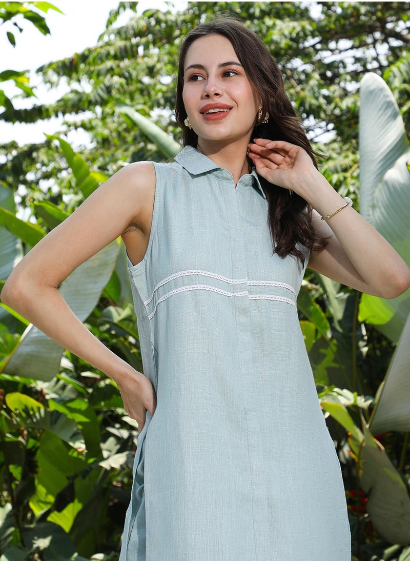 Women's Powder Blue Lined Linen-Blend Kurta Set