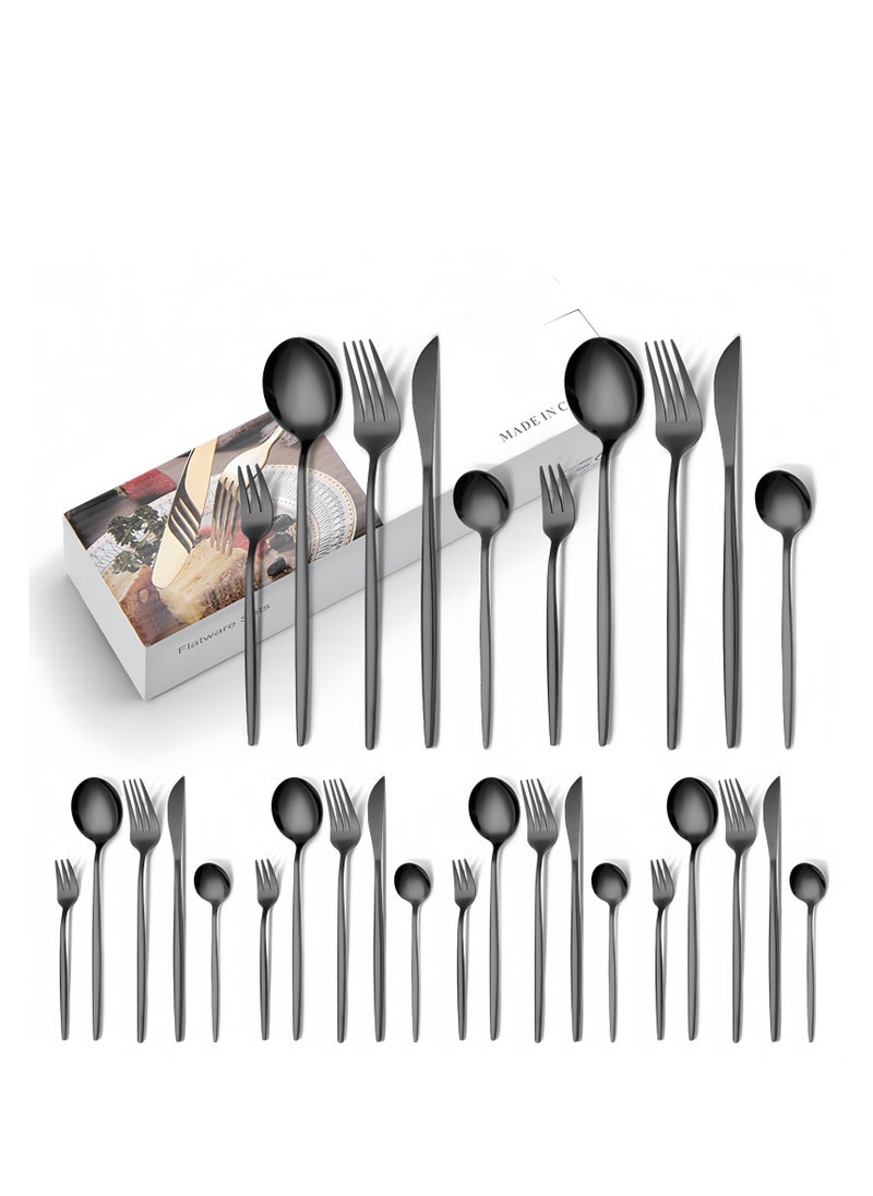30 Pieces Stainless Steel Knife Fork Spoon Full Set for Home Office Restaurant Hotel, Black