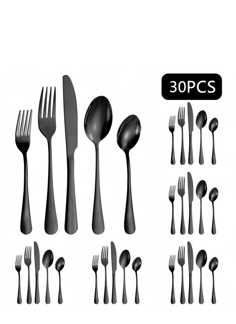 30 Pieces Stainless Steel Knife Fork Spoon Full Set for Home Office Restaurant Hotel, Black