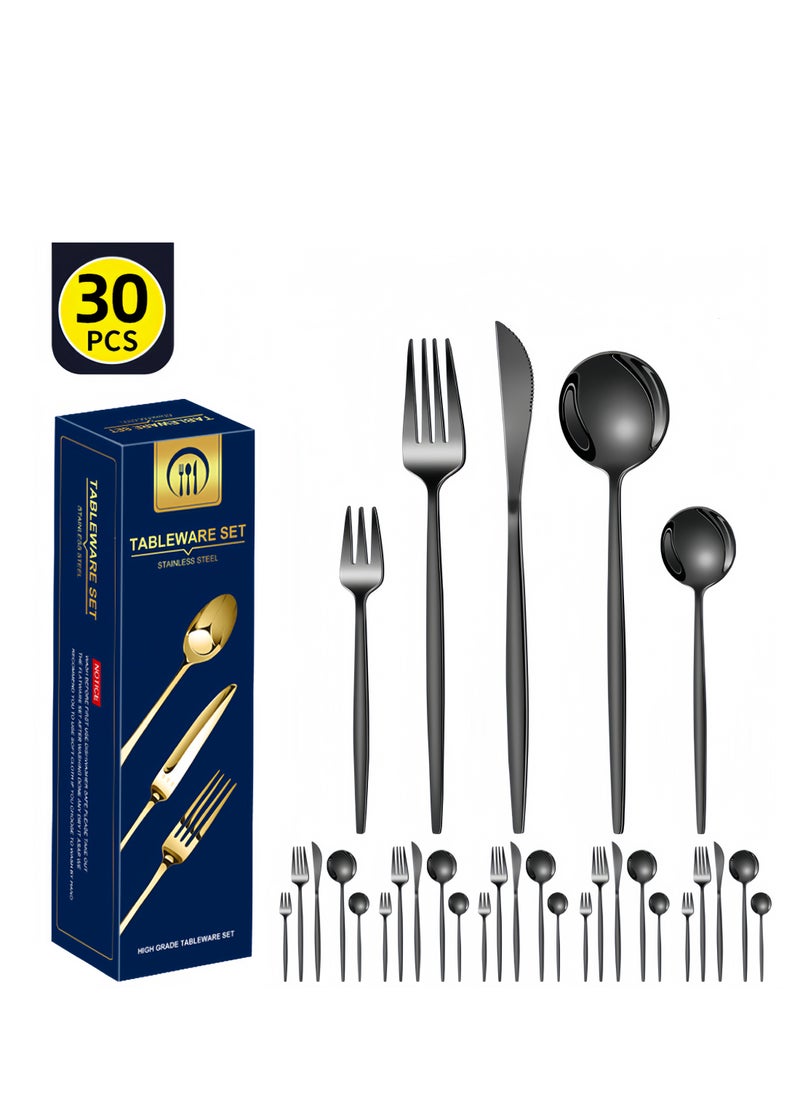 30 Pieces Stainless Steel Knife Fork Spoon Full Set for Home Office Restaurant Hotel, Black