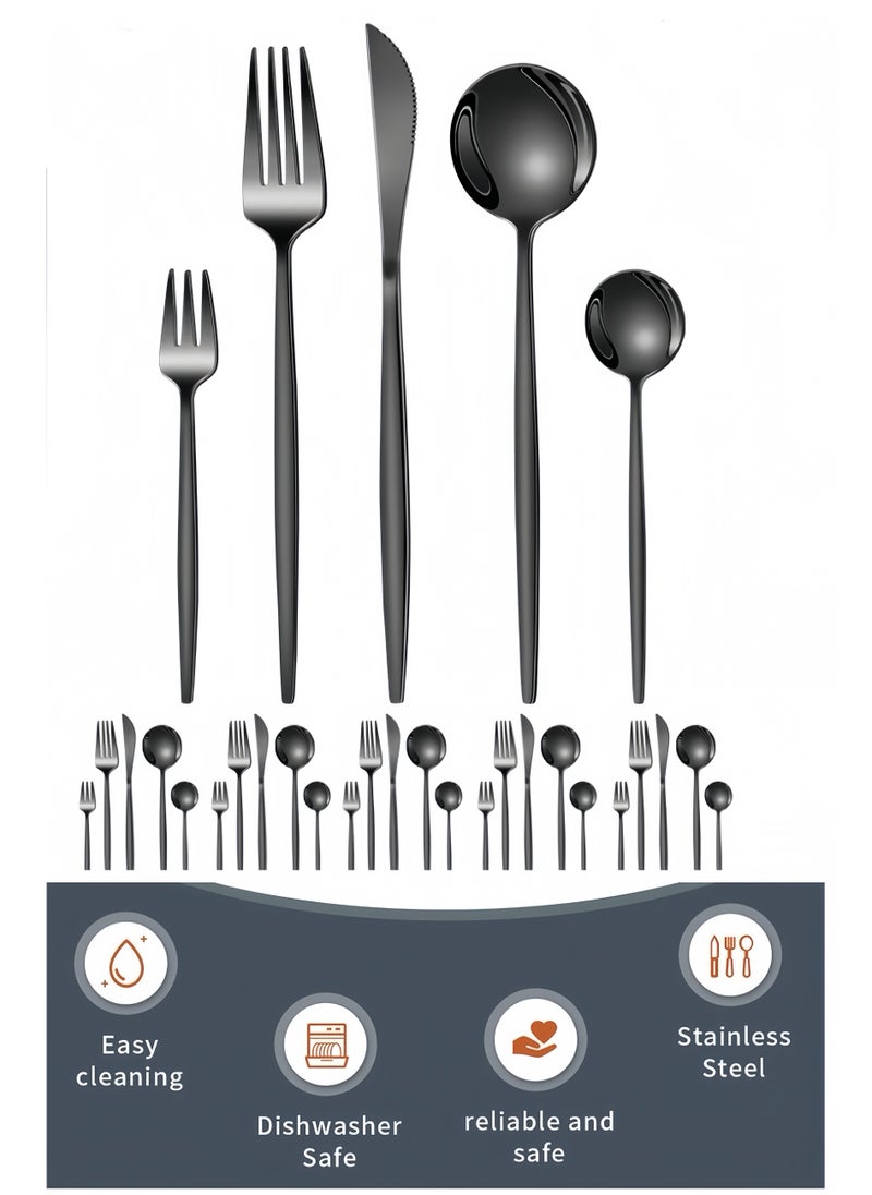 30 Pieces Stainless Steel Knife Fork Spoon Full Set for Home Office Restaurant Hotel, Black