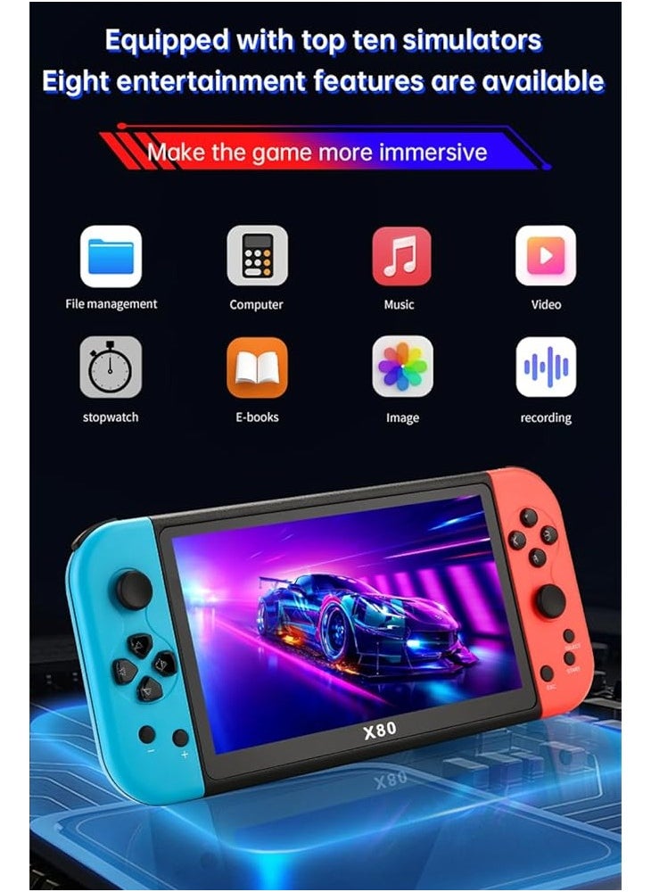 X80 Game Console, 7 Inch Retro Game Console with 10000 Built-in Games, Supports 10 Emulators and 128GB TF Card Expansion, Multifunctional Pocket Game for Kids