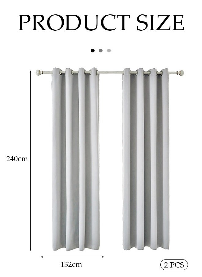 2 Pieces of Blackout curtains, household soundproof and heat insulating curtains，with perforated top, suitable for bedroom and living room, 132 * 240cm,grey