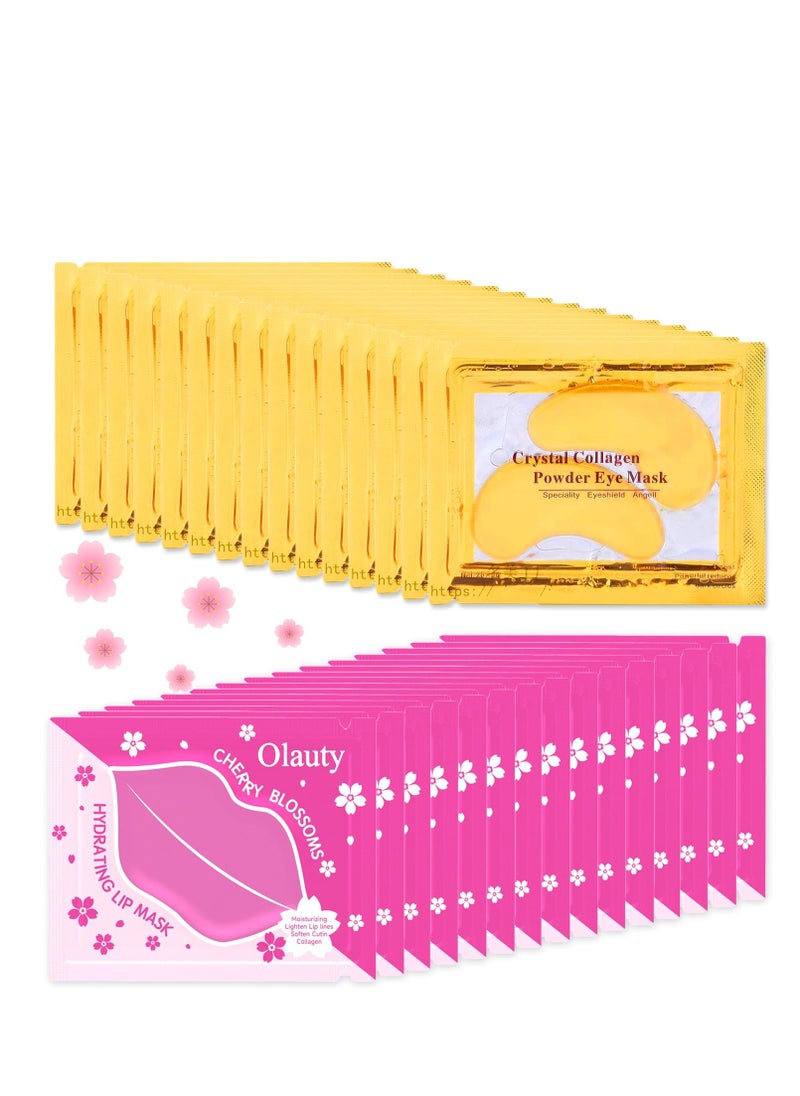 30 Pairs 24K Gold Eye Masks & Lip Masks, Crystal Collagen Gel Under Eye Patches for Puffy Eye, Moisturizing Cooling Skin Care Lip Eyes Patches for Puffiness and Dark Circles