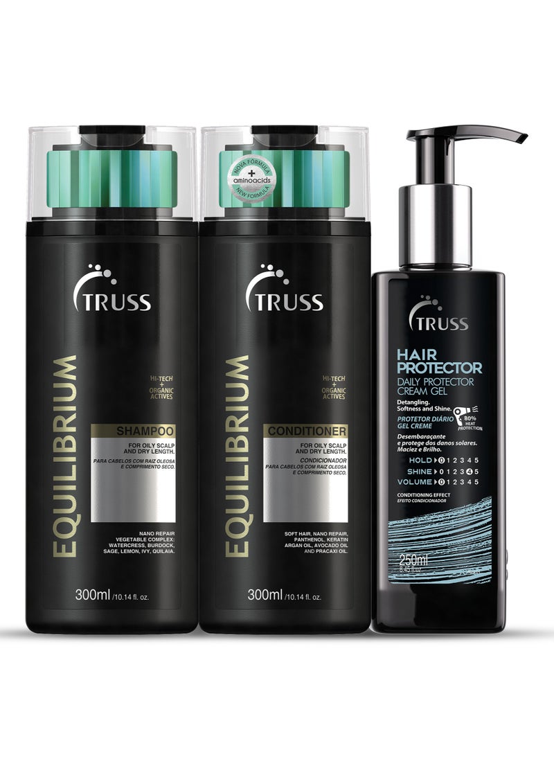 Truss Professional Equilibrium Shampoo and Conditioner (300 ML) Each with Hair Protector Leave-In Gel Cream (250 ML) - Set of 3