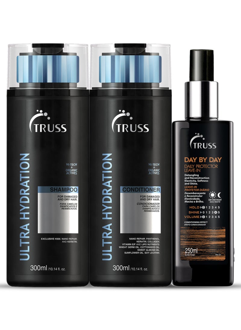 Truss Professional Ultra Hydration Shampoo (300 ML), Conditioner (300 ML) with Leave-In Spray (250 ML) - Trio Set
