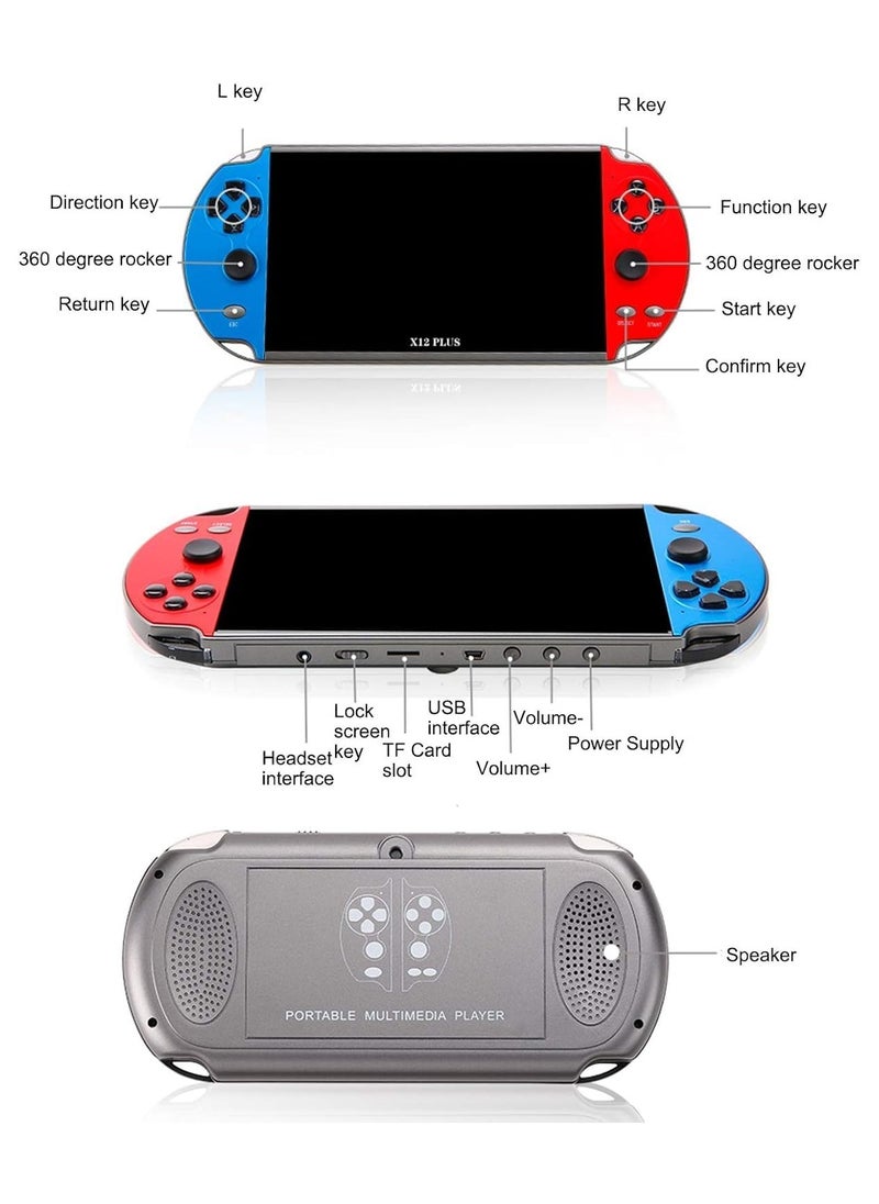 Portable Game Console X12 Plus 7 Inch Handheld 16GB Retro Gaming Device with Dual Joysticks, Supports AV Output, TF Card, Music, E-book, Video Playback, 3000 Built-in Classic Games