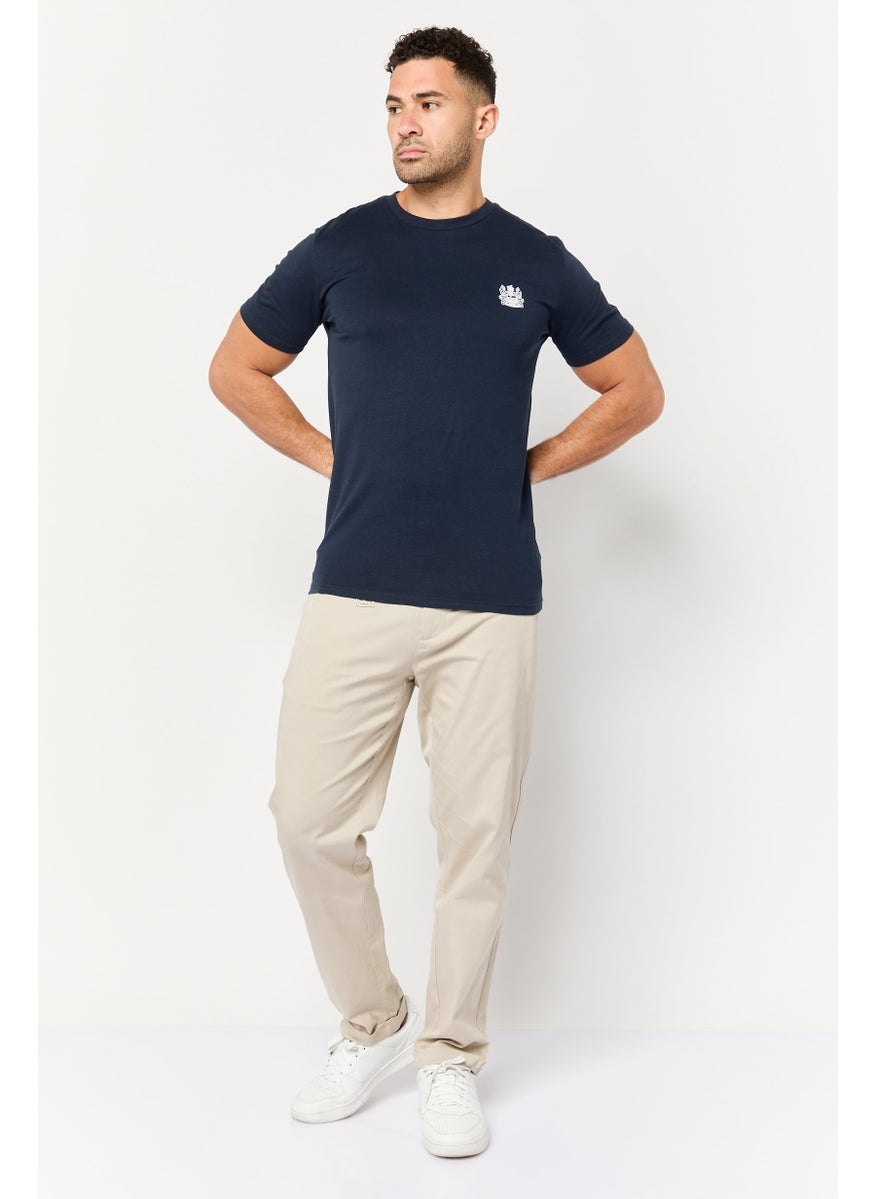 Men Crew Neck Short Sleeve Brand Logo T-Shirts, Navy