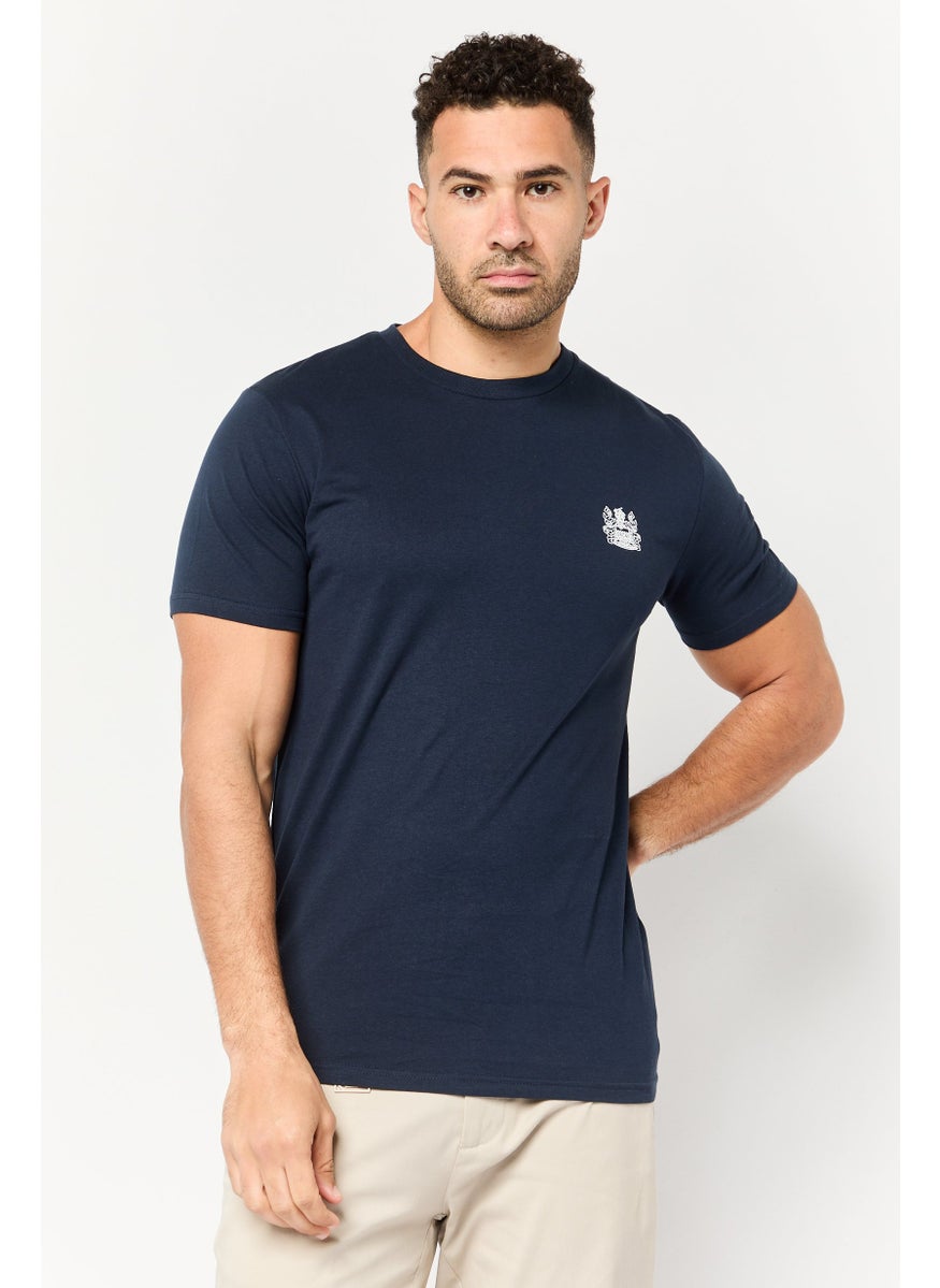 Men Crew Neck Short Sleeve Brand Logo T-Shirts, Navy