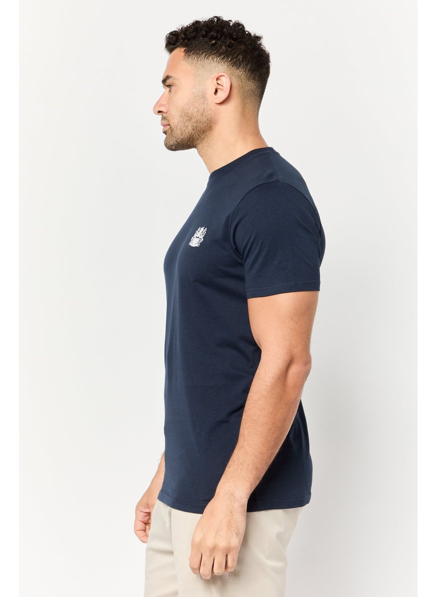 Men Crew Neck Short Sleeve Brand Logo T-Shirts, Navy