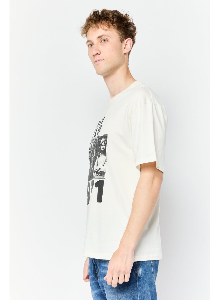 Men Crew Neck Short Sleeve Graphic Print T-Shirt, Off White