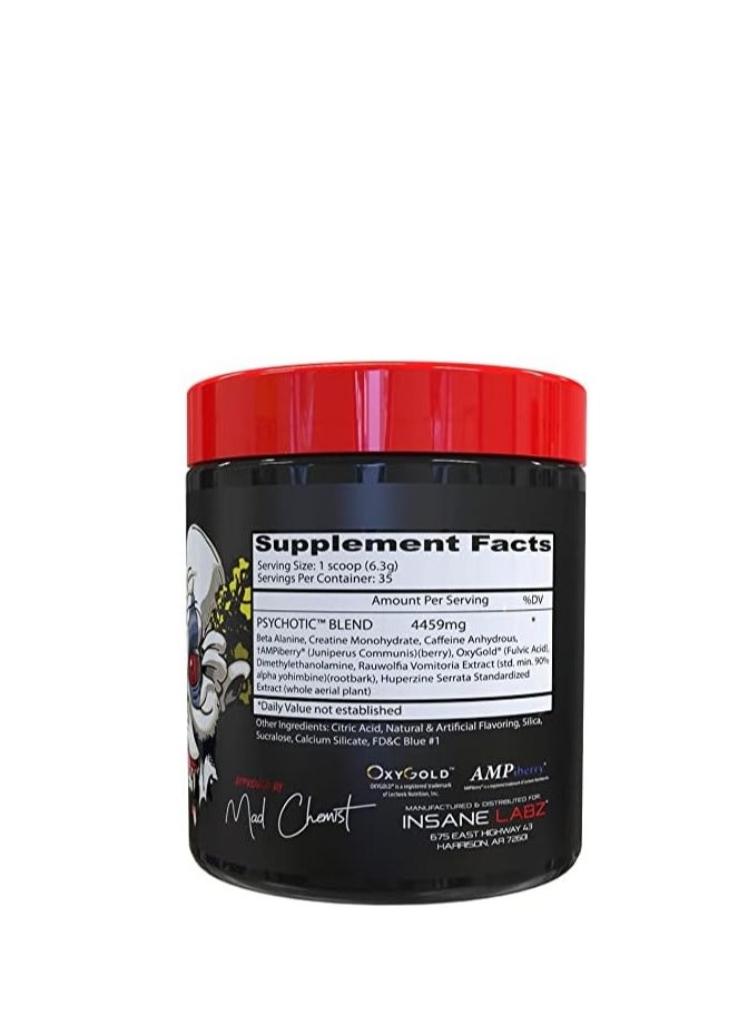 Insane Labz Psychotic, High Stimulant Pre Workout Powder, Extreme Lasting Energy, Focus and Endurance with Beta Alanine, Creatine Monohydrate DMAE, 35 Srvgs (Blue Raspberry)