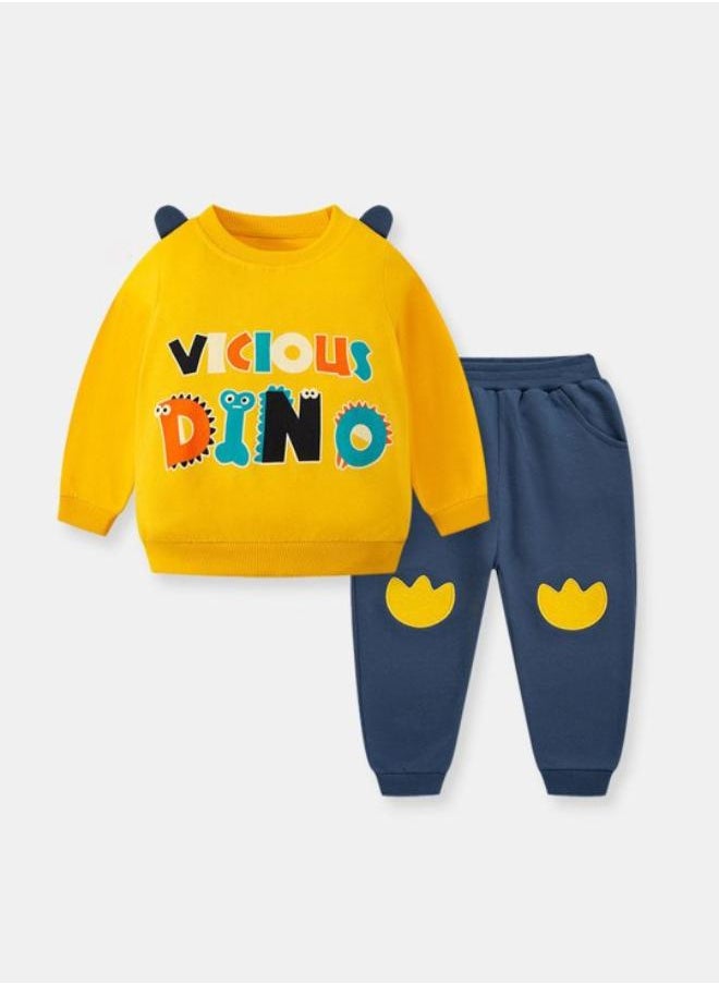 Yellow Crew Neck Long Sleeve Printed Pullover With Track Pant