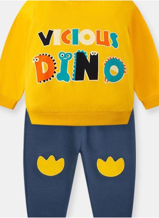 Yellow Crew Neck Long Sleeve Printed Pullover With Track Pant
