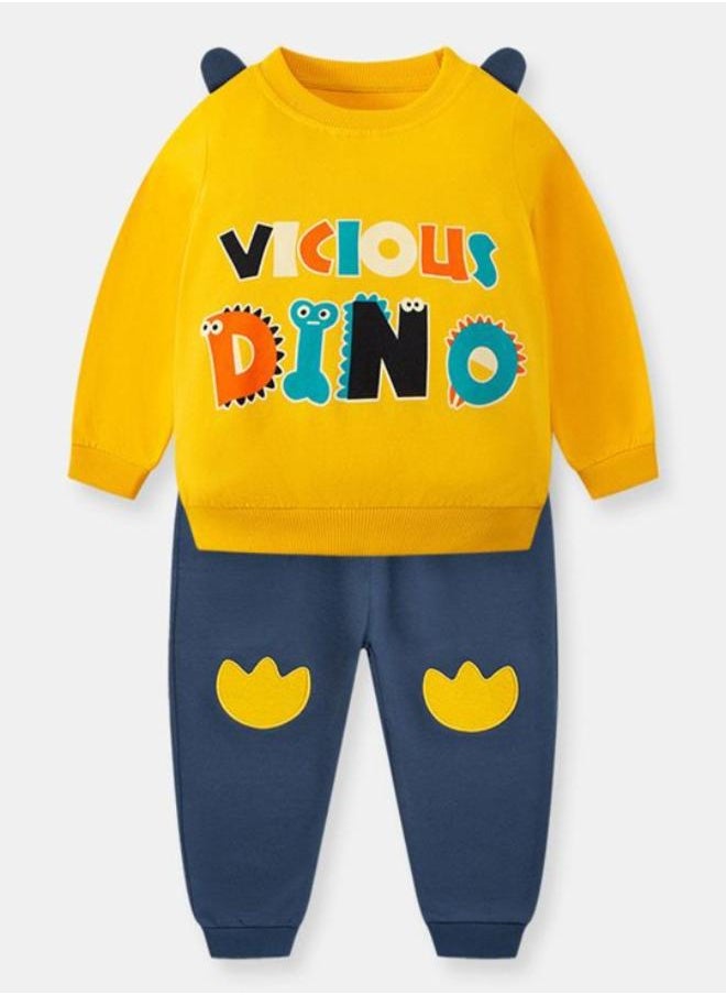 Yellow Crew Neck Long Sleeve Printed Pullover With Track Pant