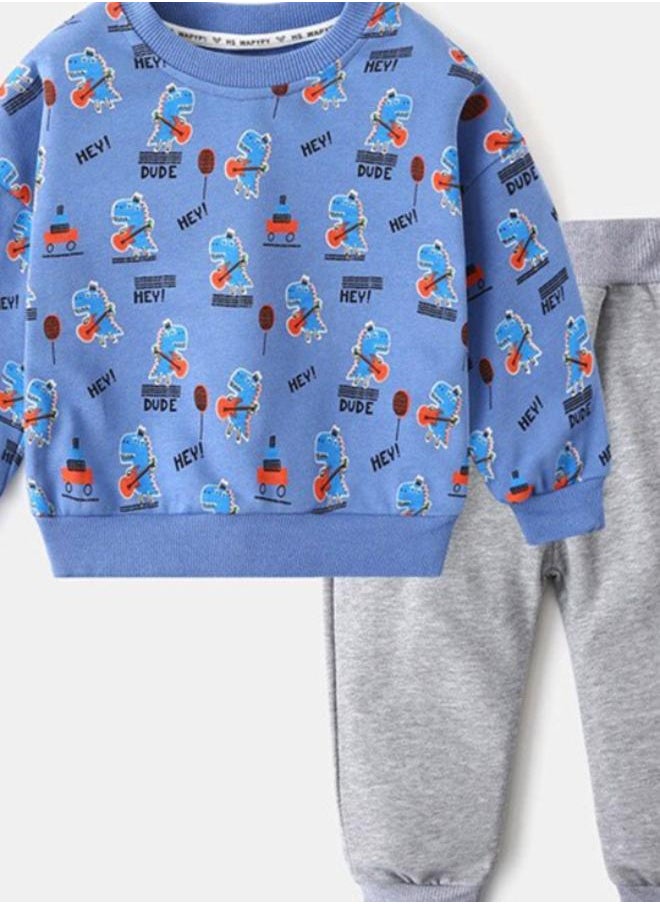 Blue Crew Neck Long Sleeve Printed Pullover With Track Pant