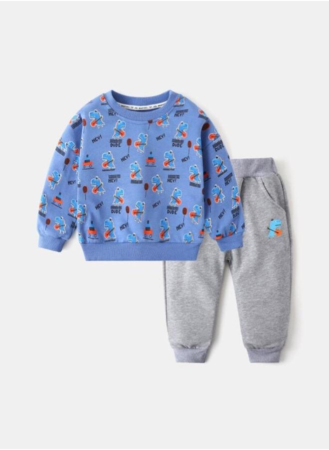 Blue Crew Neck Long Sleeve Printed Pullover With Track Pant