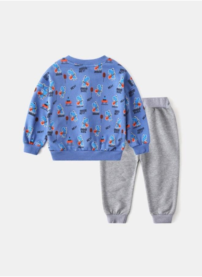 Blue Crew Neck Long Sleeve Printed Pullover With Track Pant