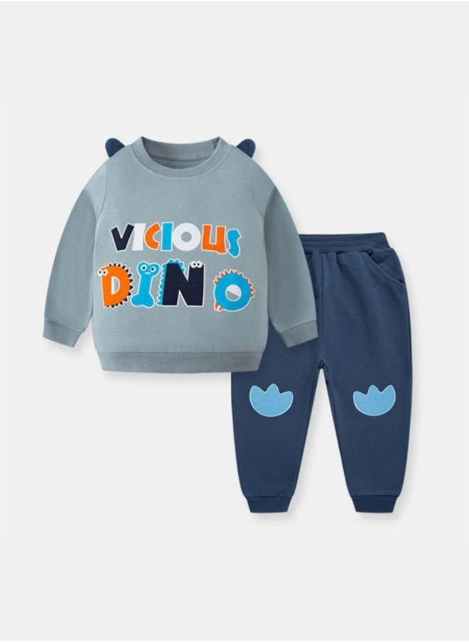 Blue Crew Neck Long Sleeve Printed Pullover With Track Pant