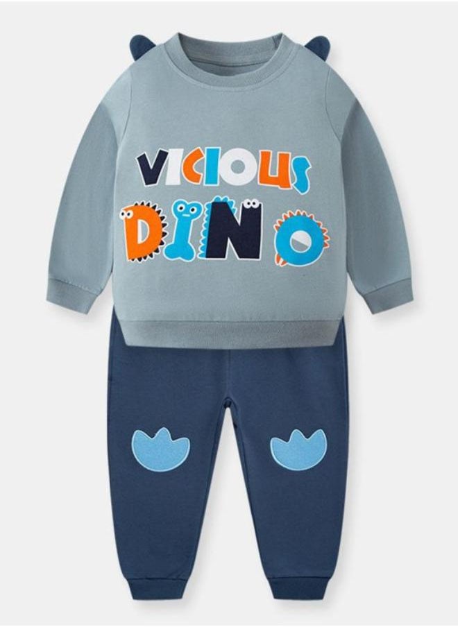 Blue Crew Neck Long Sleeve Printed Pullover With Track Pant