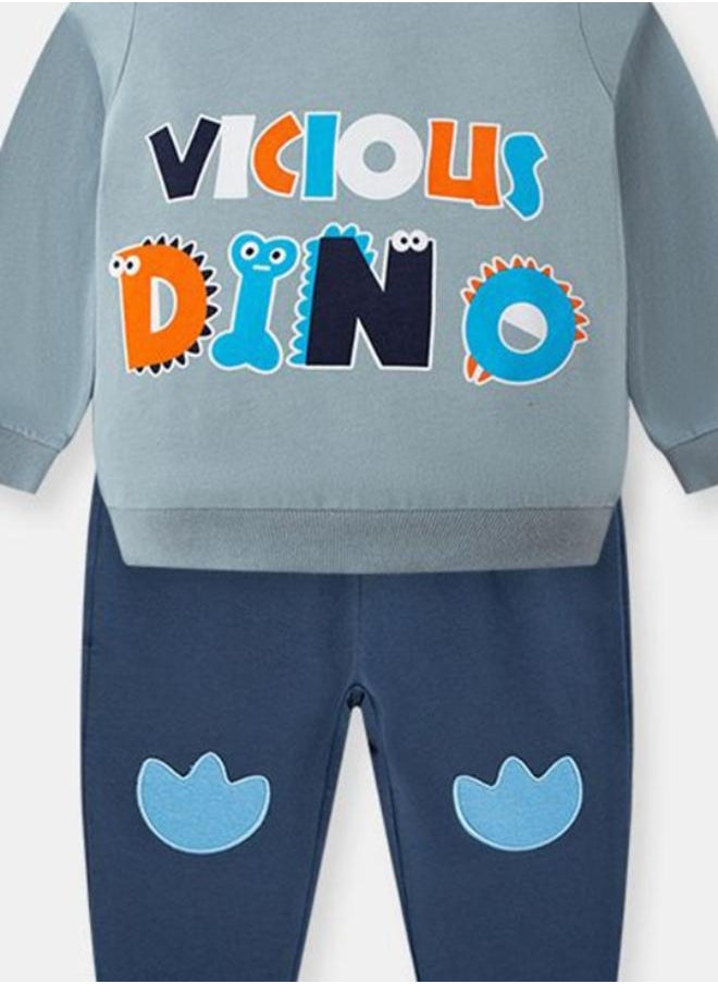 Blue Crew Neck Long Sleeve Printed Pullover With Track Pant